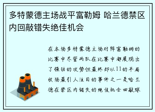 多特蒙德主场战平富勒姆 哈兰德禁区内回敲错失绝佳机会