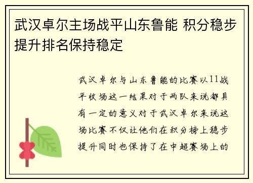 武汉卓尔主场战平山东鲁能 积分稳步提升排名保持稳定