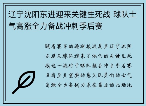 辽宁沈阳东进迎来关键生死战 球队士气高涨全力备战冲刺季后赛