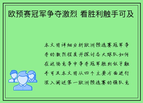 欧预赛冠军争夺激烈 看胜利触手可及